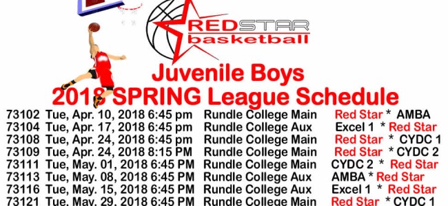 Red Star Basketball JUVENILE boys * 2018 SPRING League Schedule * Red Star Basketball JUVENILE boys * 2018 SPRING League Schedule *