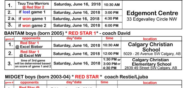 RED STAR basketball Playoff games – JUNE 15-16 BANTAM & MIDGET boys RED STAR basketball Playoff games – JUNE 15-16 BANTAM & MIDGET boys