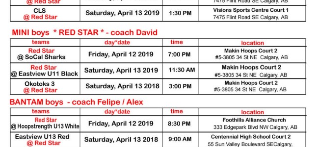 Red Star Basketball  * 2019 SPRING League Schedule of games * ELITE boys & girls